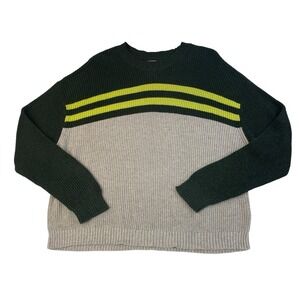 American Eagle Chunky Knit Striped Sweater Green Beige Crew Neck Size L